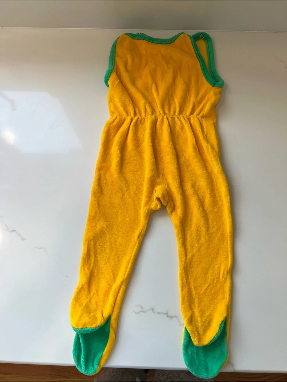 Vintage German Yellow Terry Cloth One-Piece Footed Romper with Cat Applique